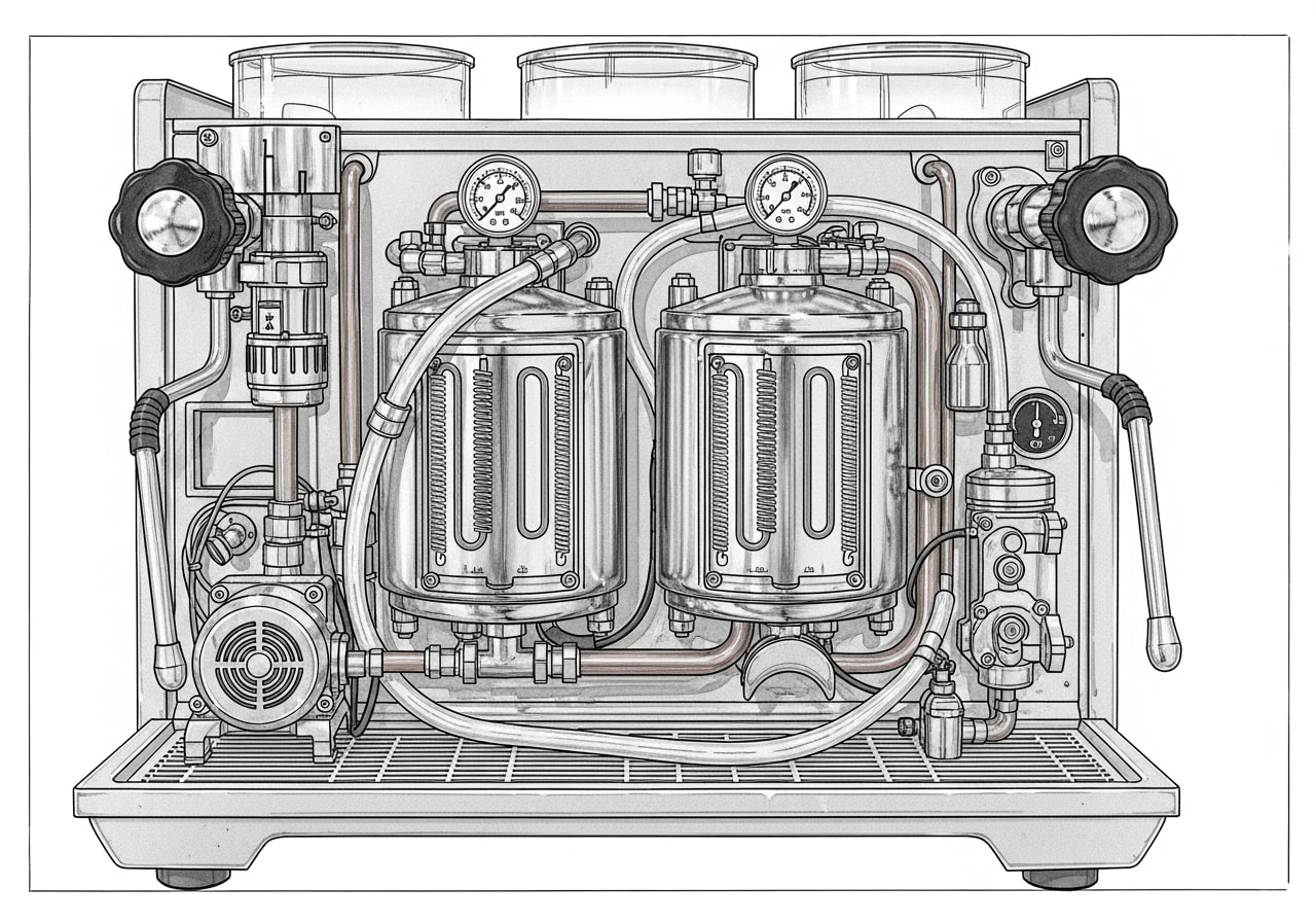 Innenansicht einer Dualboiler-Espressomaschine, die die beiden separaten Boiler und die komplizierte Verrohrung zeigt, schematische Zeichnung.