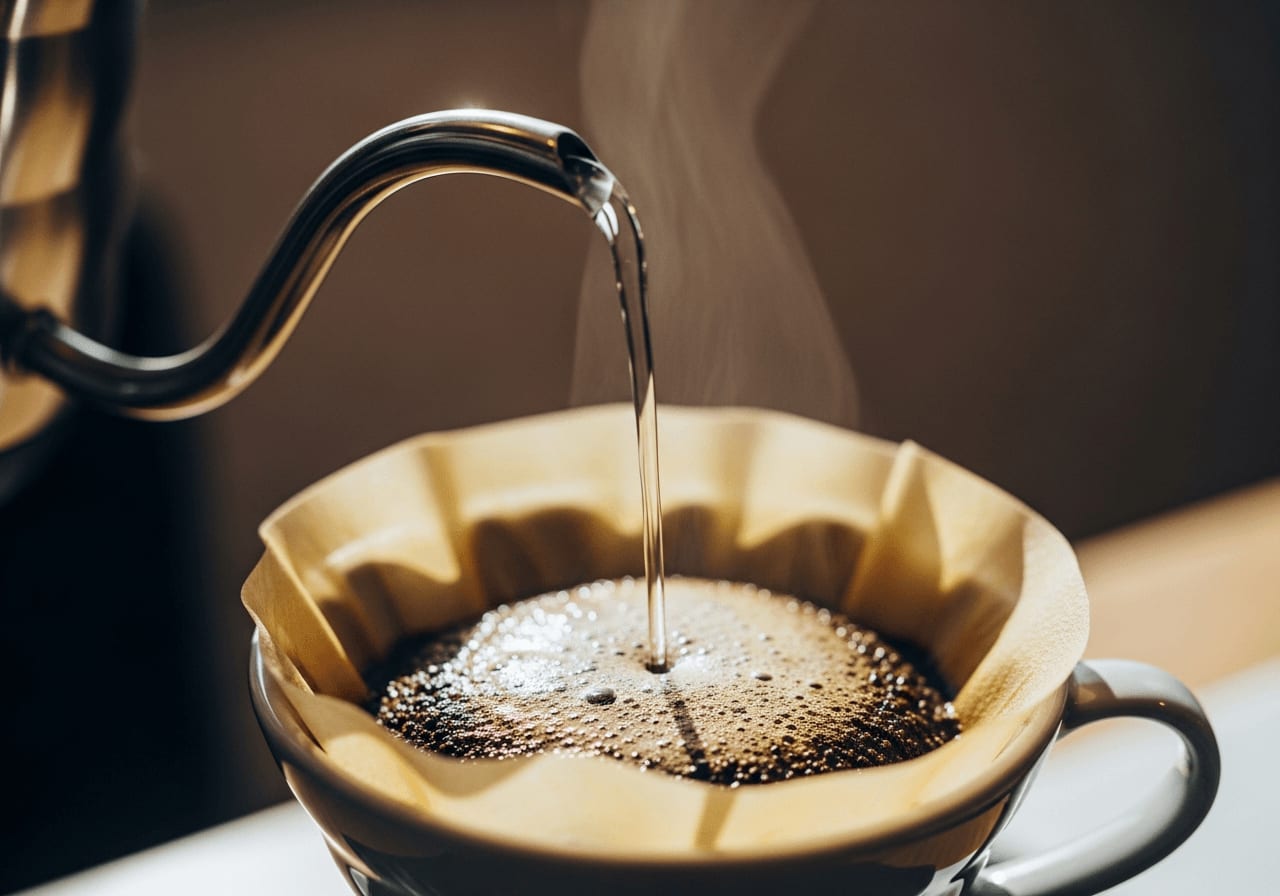 Kaffeezubereitung mit gefiltertem Wasser, Fokus auf Klarheit des Wassers und Farbe des Kaffees