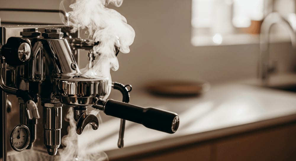 Dampf steigt von einer frisch gereinigten Espressomaschine auf, Edelstahloberfläche, minimalistischer Küchenhintergrund, Morgenlicht.