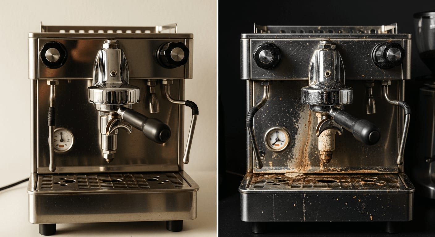 Ein geteiltes Bild, das eine saubere Kaffeemaschine auf der einen Seite und eine stark verkalkte auf der anderen Seite zeigt, dramatische Beleuchtung.