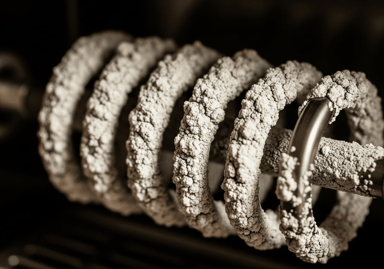 Nahaufnahme von Kalkablagerungen auf einem Heizelement einer Kaffeemaschine, Makroobjektiv, harte Beleuchtung.