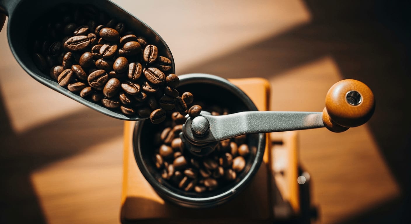 Draufsicht auf Kaffeebohnen, die in eine Handmühle gegossen werden, natürliches Licht