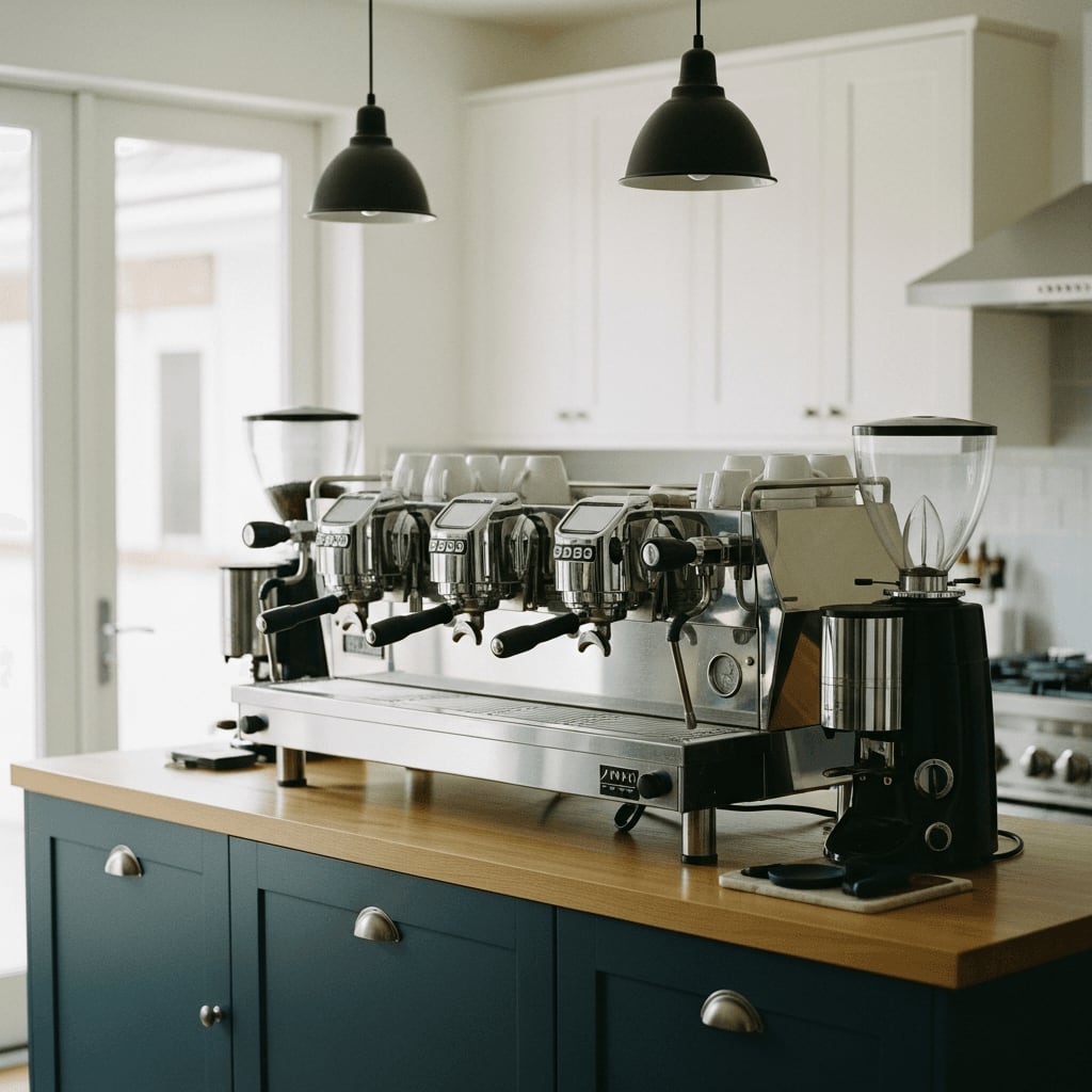 Professionelle Espressomaschine mit mehreren Brühgruppen auf einer Kücheninsel, moderne Geräte, helles Tageslicht