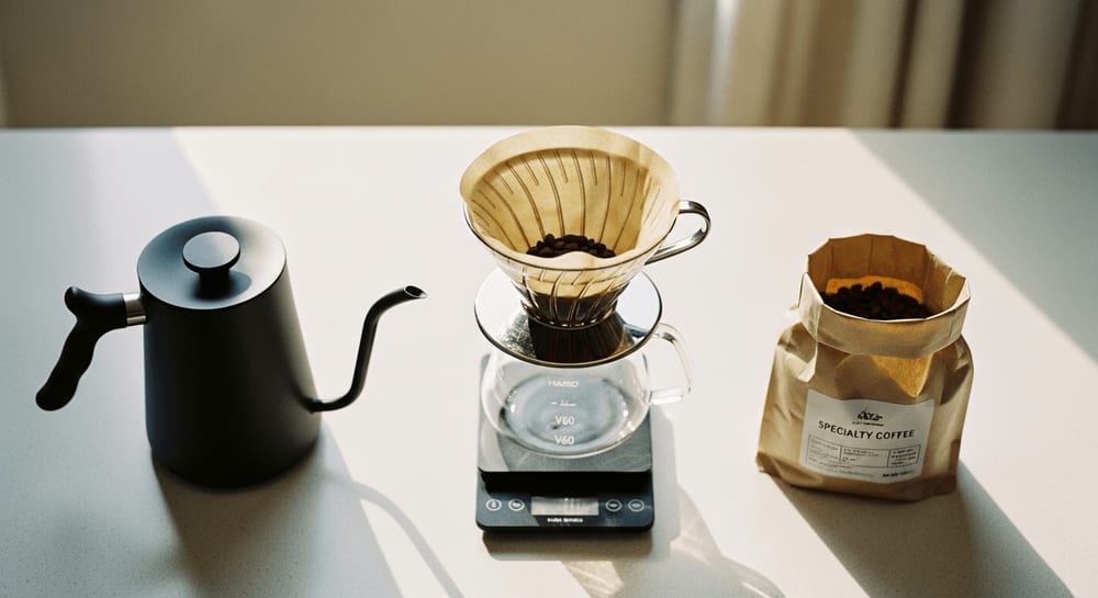 Draufsicht auf ein minimalistisches Kaffeezubereitungs-Setup mit Hario V60, einem Schwanenhalskessel und einer kleinen Tüte Spezialitätenkaffee auf einer sauberen, hellen Arbeitsplatte.