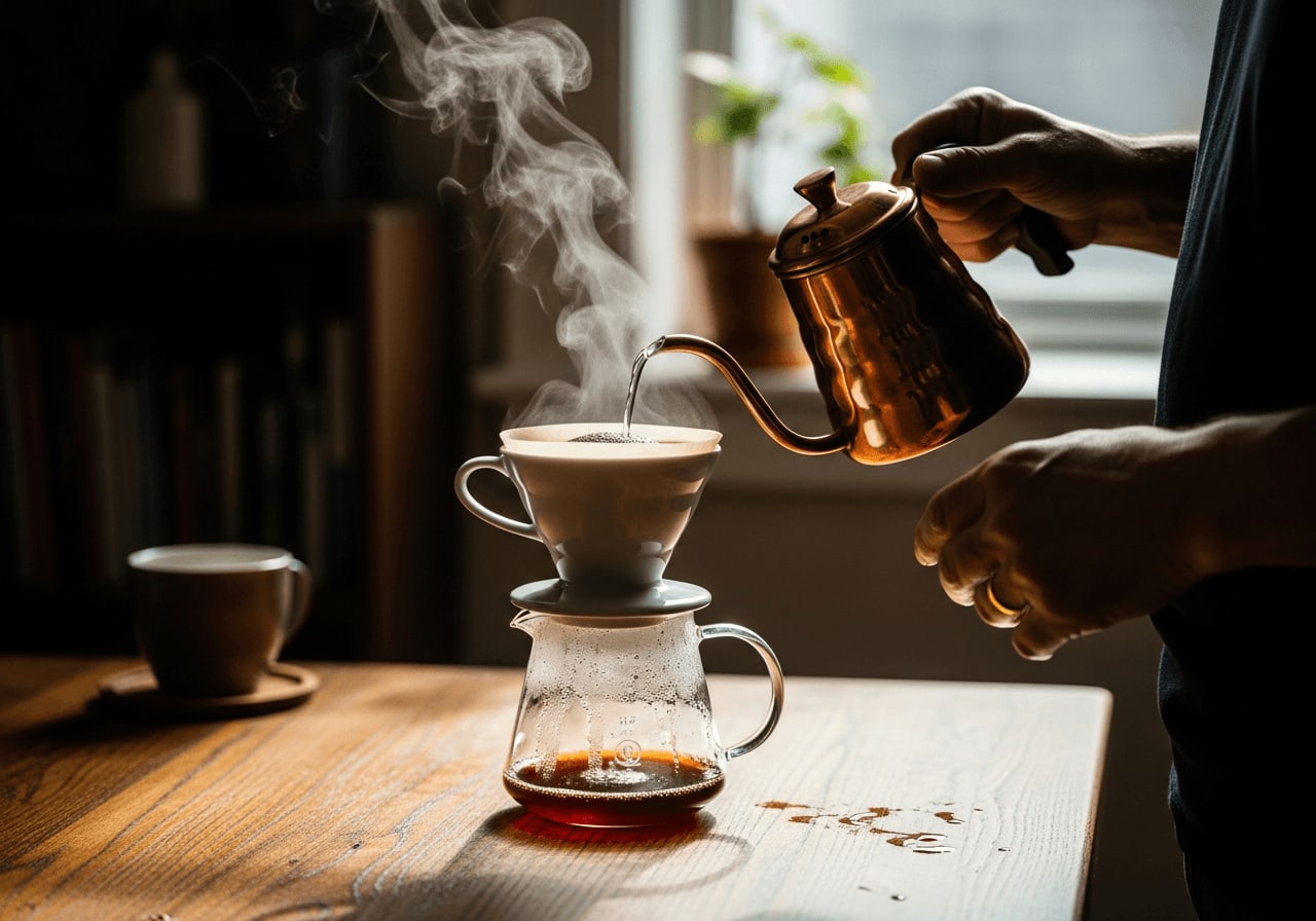 Nahaufnahme einer Hand, die vorsichtig heißes Wasser über Kaffeepulver in einem V60 Pour-Over-Setup gießt.