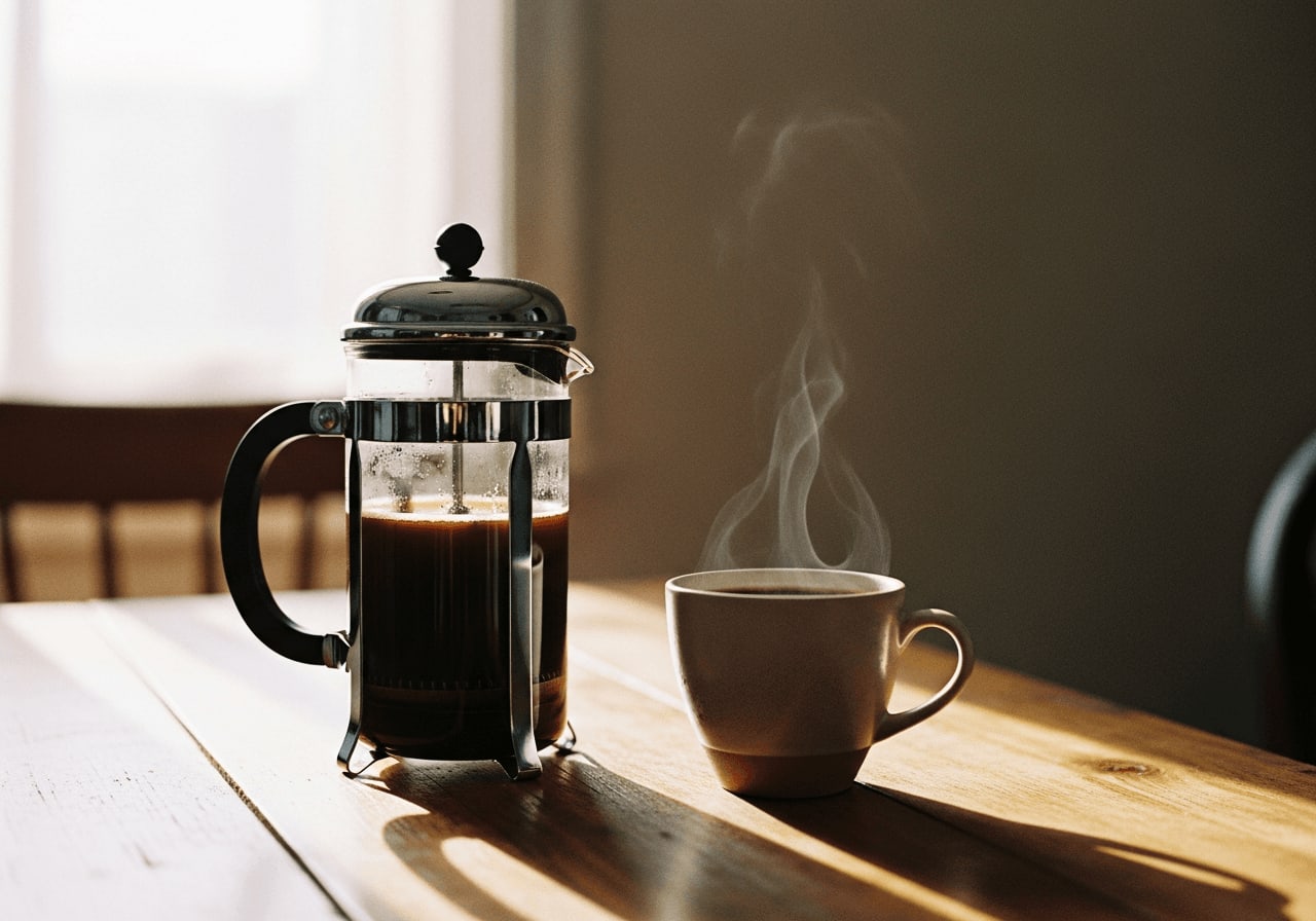 Eine French-Press-Kaffeemaschine auf einem Holztisch mit minimalistischem Design, neben einer Tasse frisch gebrühten Kaffees.
