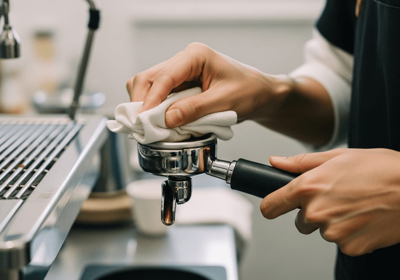 Die Hände eines Barista wischen den Siebträger nach dem Brühen eines Espresso sorgfältig sauber, verschwommener Hintergrund, geringe Schärfentiefe, natürliche Beleuchtung.