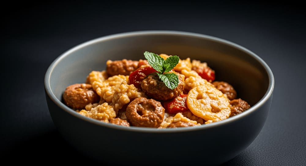 Dampfende Tasse säurearmer Kaffee mit einem Löffel, rustikaler Holztisch, weiches Morgenlicht