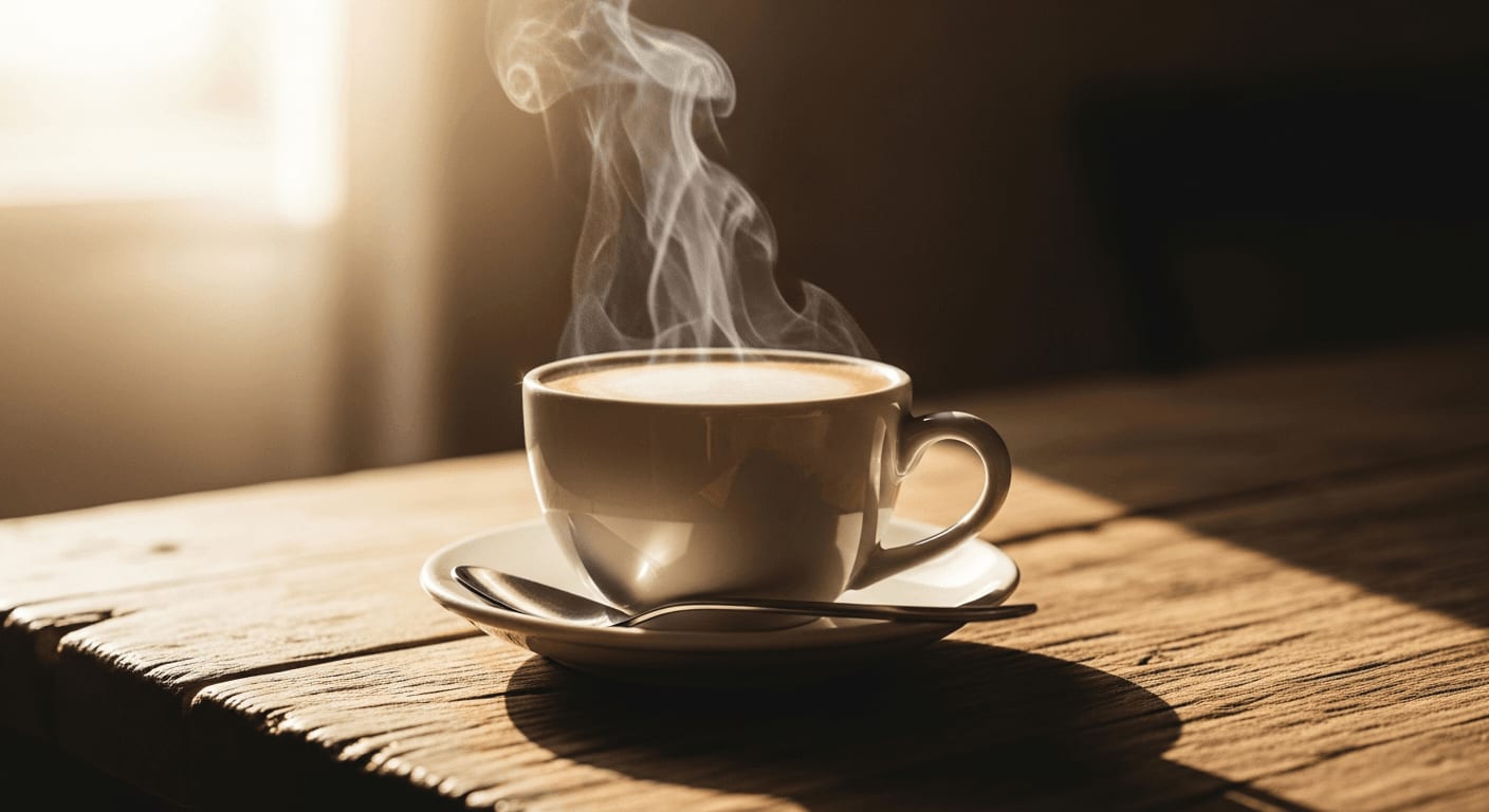 Dampfende Tasse säurearmen Kaffee mit einem Löffel, rustikaler Holztisch, weiches Morgenlicht, kinoreif