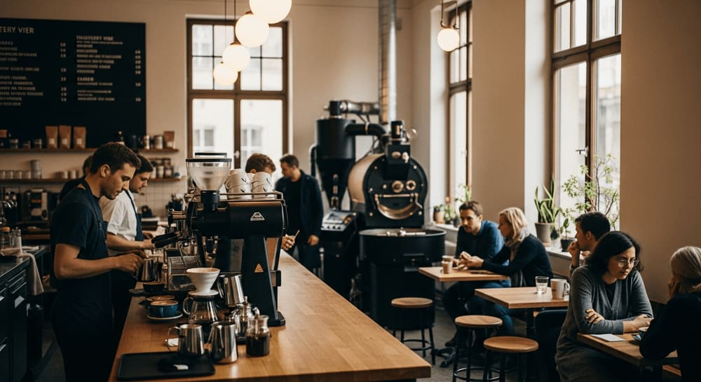 Gemütliches Interieur der Rösterei Vier in Düsseldorf, mit Kaffeebar, Röstequipment und Kunden, die Kaffee genießen, sanfte Beleuchtung
