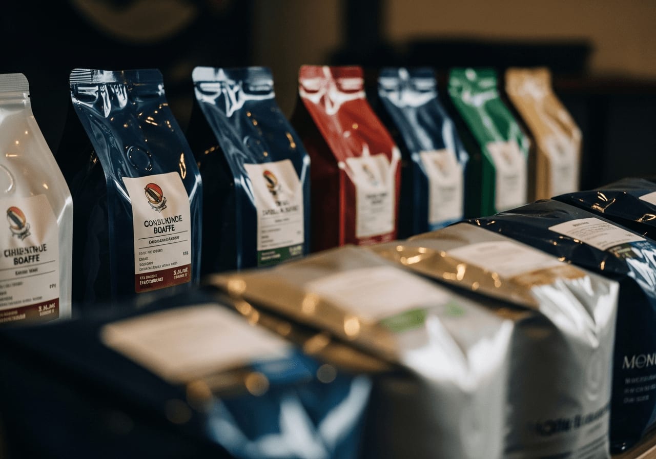 Säcke mit frisch gerösteten Kaffeebohnen in der Rösterei Vier, die verschiedene Herkünfte und Röstgrade zeigen, Umgebungslicht