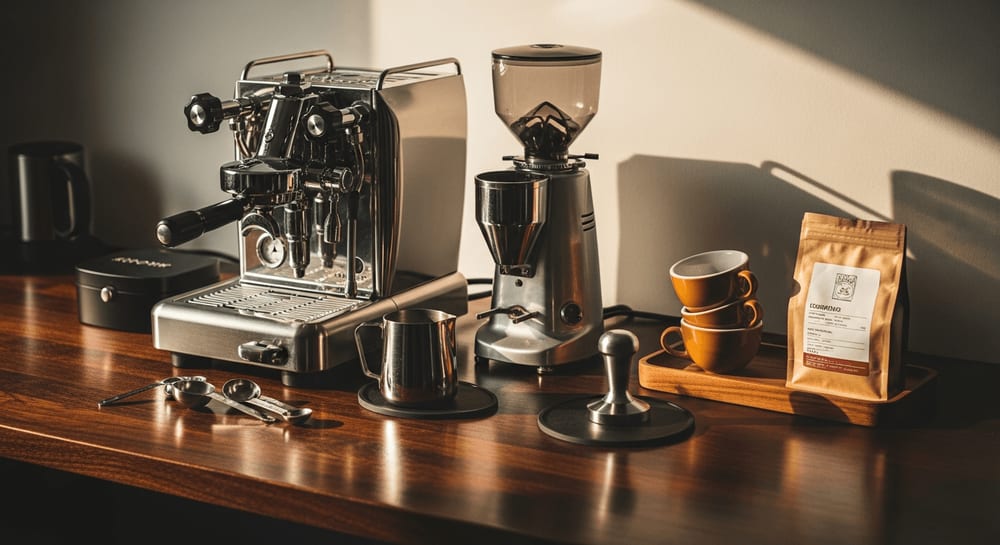 Elegantes Home-Espresso-Setup mit einer Edelstahl-Espressomaschine, Mühle, Tamper und diversem Zubehör auf einer dunklen Holzplatte, weiches Morgenlicht