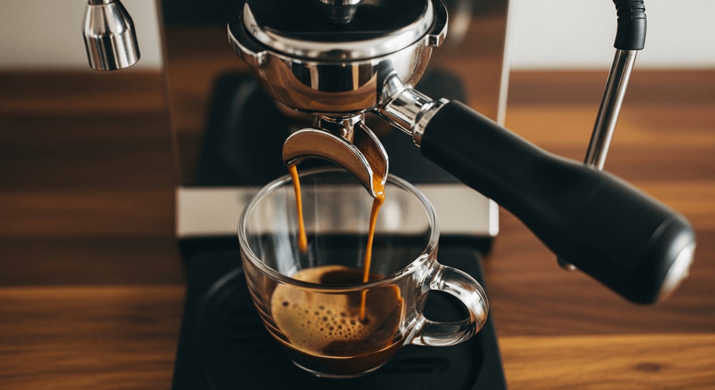 Draufsicht auf einen Espresso, der aus einem Siebträger gebrüht wird, Kaffee tropft in eine klare Glastasse, dunkle Holzplatte