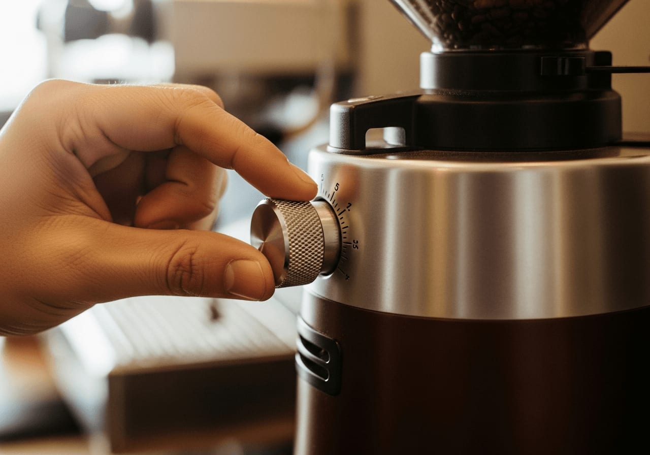 Nahaufnahme eines Barista, der den Mahlgrad an einer professionellen Kaffeemühle einstellt, Fokus auf dem Einstellknopf