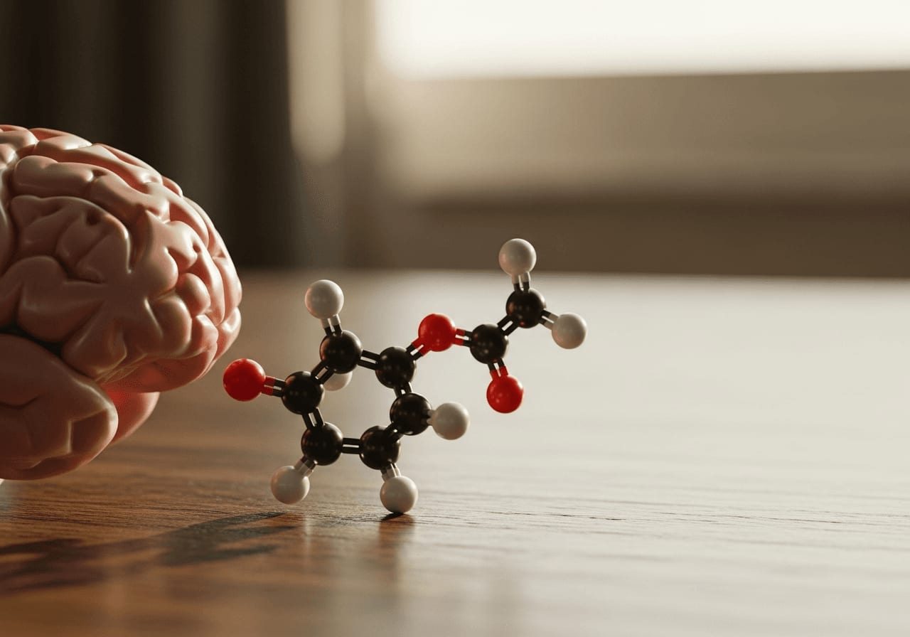 Illustration eines Koffeinmoleküls, das mit einem Adenosinrezeptor im Gehirn interagiert, wissenschaftliche Visualisierung