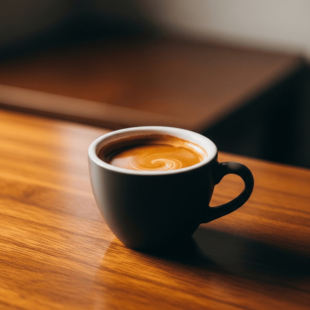 Espresso in einer kleinen Keramiktasse, der den konzentrierten Koffeingehalt zeigt