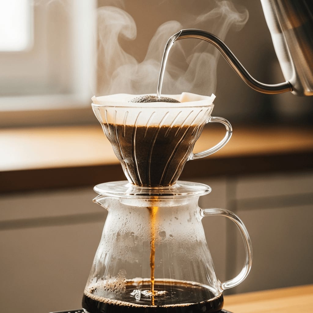 Pour-over Kaffee, der in einer Glaskaraffe gebrüht wird und einen moderaten Koffeingehalt darstellt