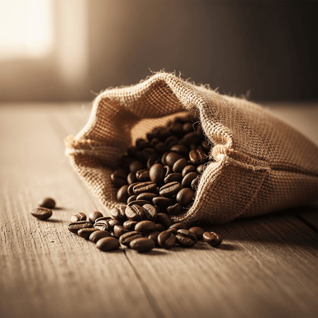 Entkoffeinierte Kaffeebohnen in einem Jutesack, die den minimalen Koffeingehalt symbolisieren
