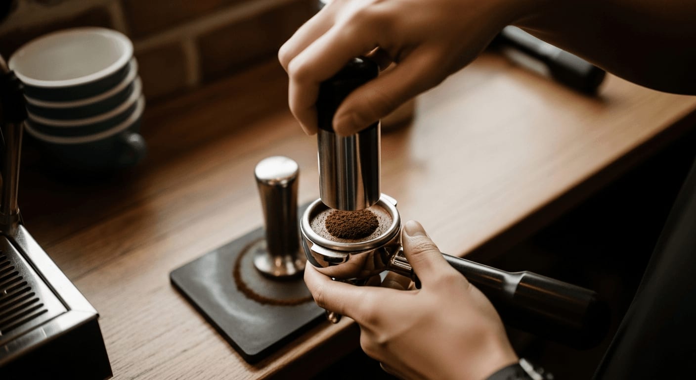 Overhead shot of a barista using a distribution tool to evenly spread coffee grounds in a portafilter before tamping, soft, natural light illuminating the scene, cafe setting