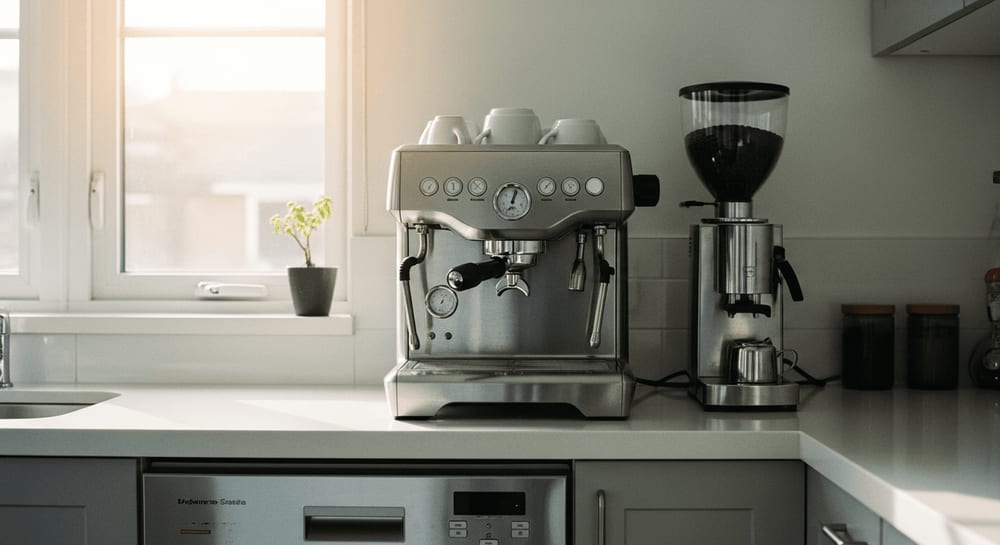 Eine moderne Küchentheke mit einer Edelstahl-Espressomaschine, Sonnenlicht strömt durch das Fenster, minimalistisches Design.