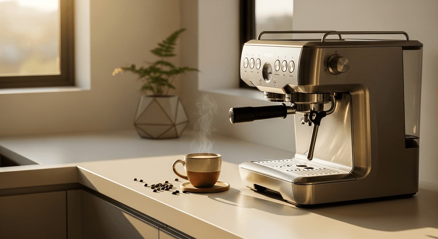 Eine moderne Küchentheke mit einer Edelstahl-Espressomaschine, Sonnenlicht strömt durch das Fenster, minimalistisches Design