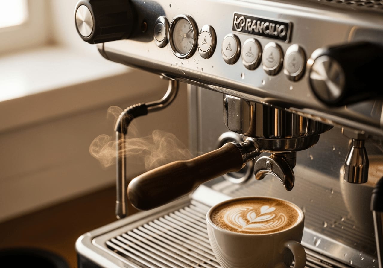 Nahaufnahme einer Rancilio Silvia Espressomaschine, Chrom-Finish, Dampfstab, Manometer, Kaffeetasse, Barista-Stil.