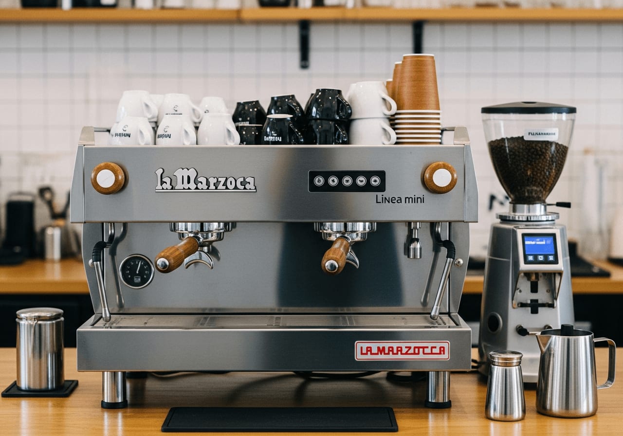 La Marzocco Linea Mini Espressomaschine, professionelles Design, Edelstahl, Holzdetails, Kaffeetassen, Café-Setup.