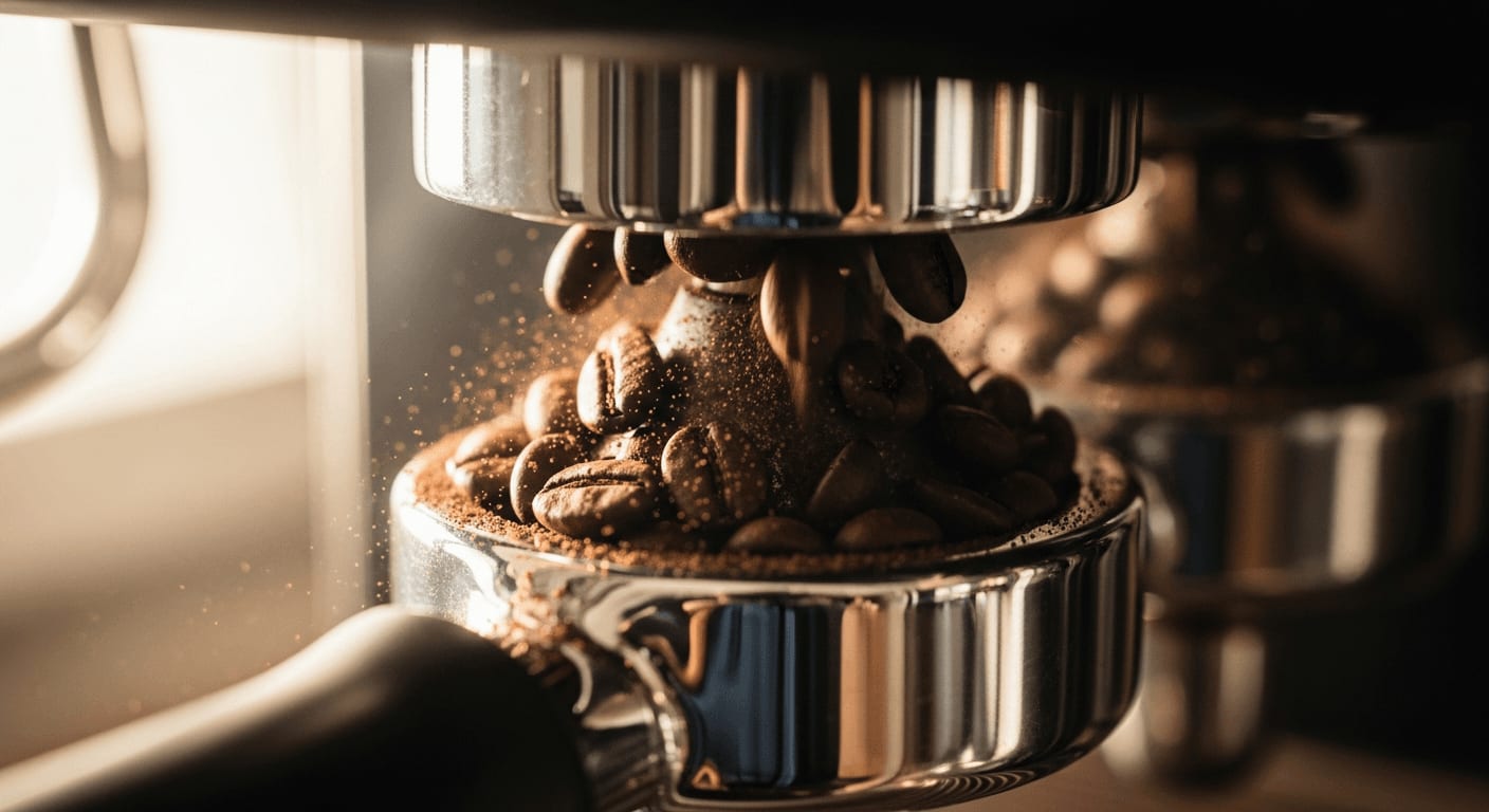 Nahaufnahme von Kaffeebohnen, die in einem modernen Kaffeevollautomaten gemahlen werden, weicher Fokus, natürliches Licht