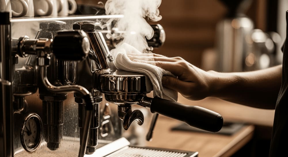 Dampf steigt von einer Edelstahl-Espressomaschine auf, Barista wischt die Maschine mit einem Mikrofasertuch ab, sanfte Café-Beleuchtung