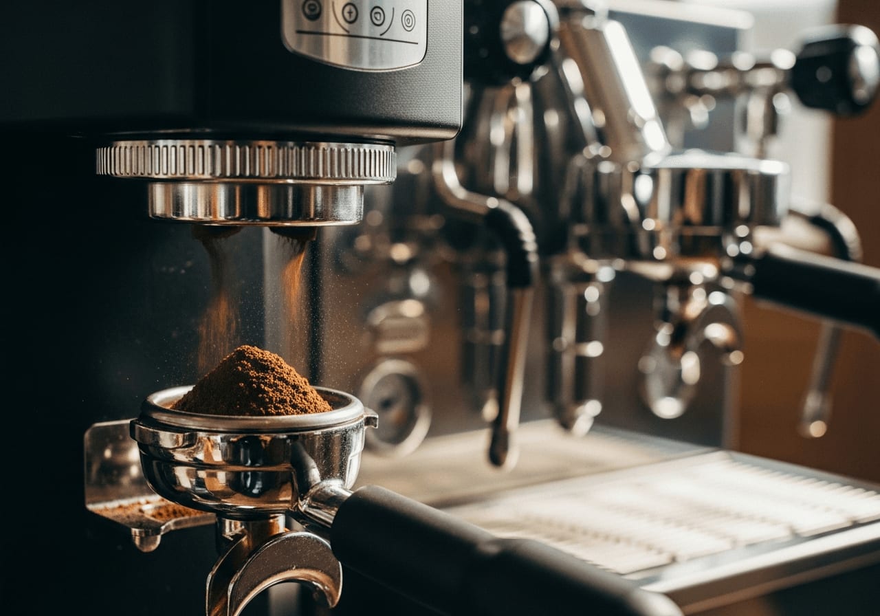 Nahaufnahme einer Kaffeemühle, die frisch gemahlenen Kaffee in einen Siebträger gibt, mit einer Espressomaschine im Hintergrund, weiche Beleuchtung