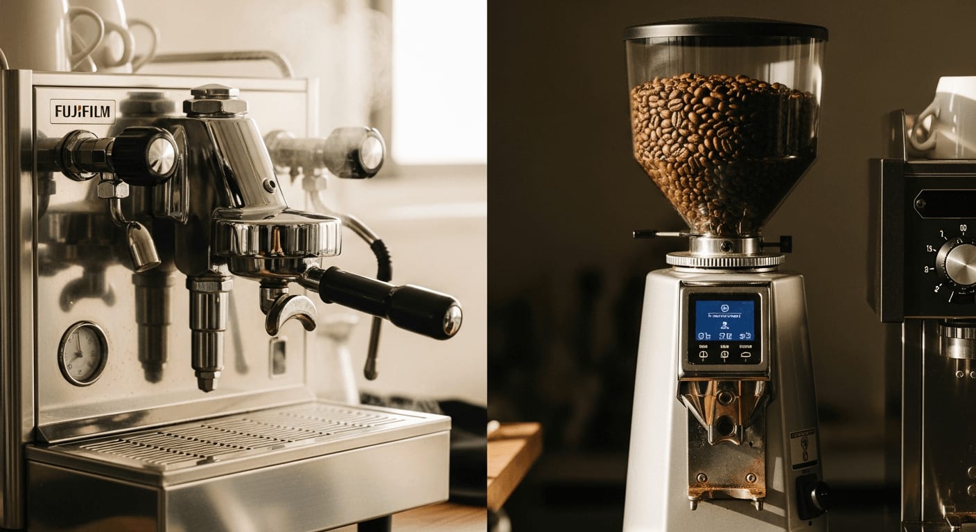 Ein geteiltes Bild, das eine High-End-Espressomaschine auf der einen und eine Präzisionskaffeemühle auf der anderen Seite zeigt, dramatische Beleuchtung, die die gleiche Bedeutung beider Komponenten hervorhebt