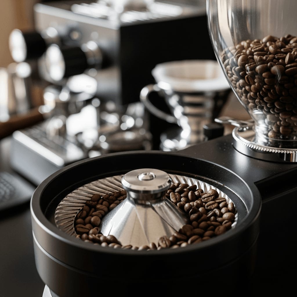 Nahaufnahme einer Kaffeemühle mit Kegelmahlwerk, die den internen Mechanismus zeigt, Kaffeebohnen werden in die Mühle eingefüllt, professionelles Kaffee-Setup