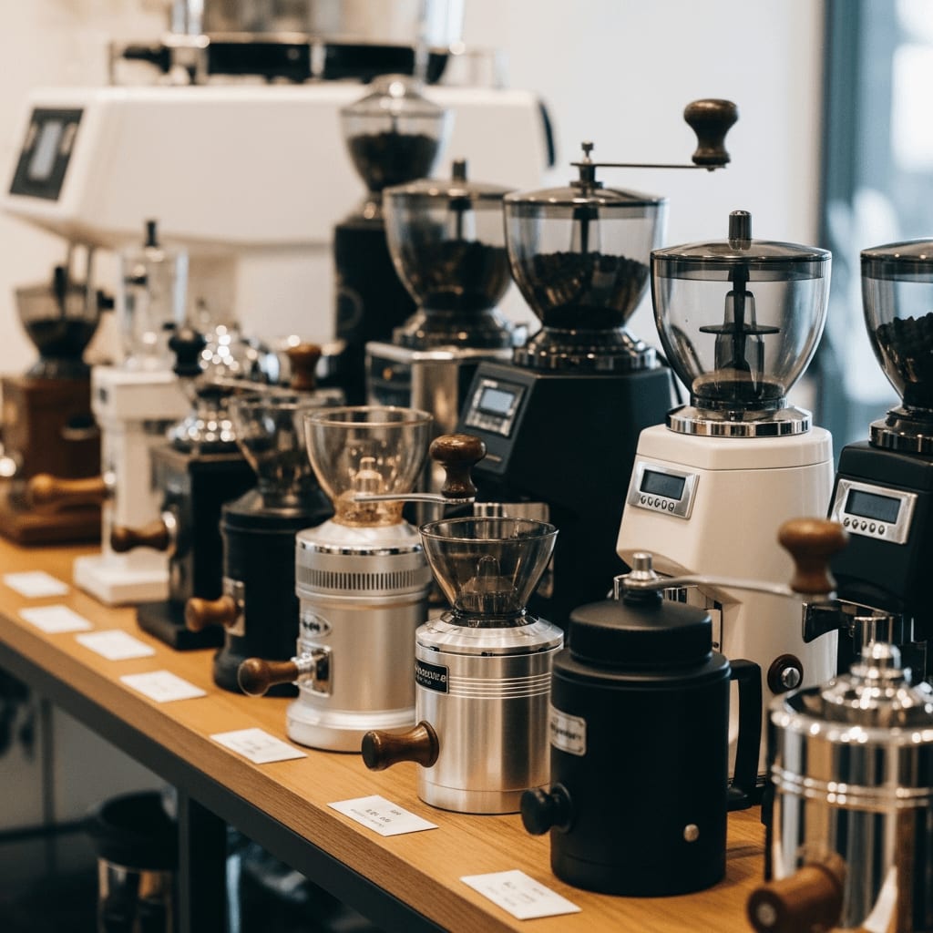 Eine Vielzahl von Kaffeemühlen, die in einem Regal ausgestellt sind, darunter elektrische und manuelle Modelle, die verschiedene Stile und Größen zeigen, Kaffeehausumgebung