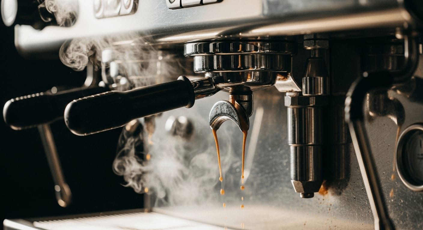 Dampfender Espresso fließt aus einem Dual-Spout-Siebträger einer High-End-Espressomaschine, Edelstahl-Finish, dunkler Hintergrund