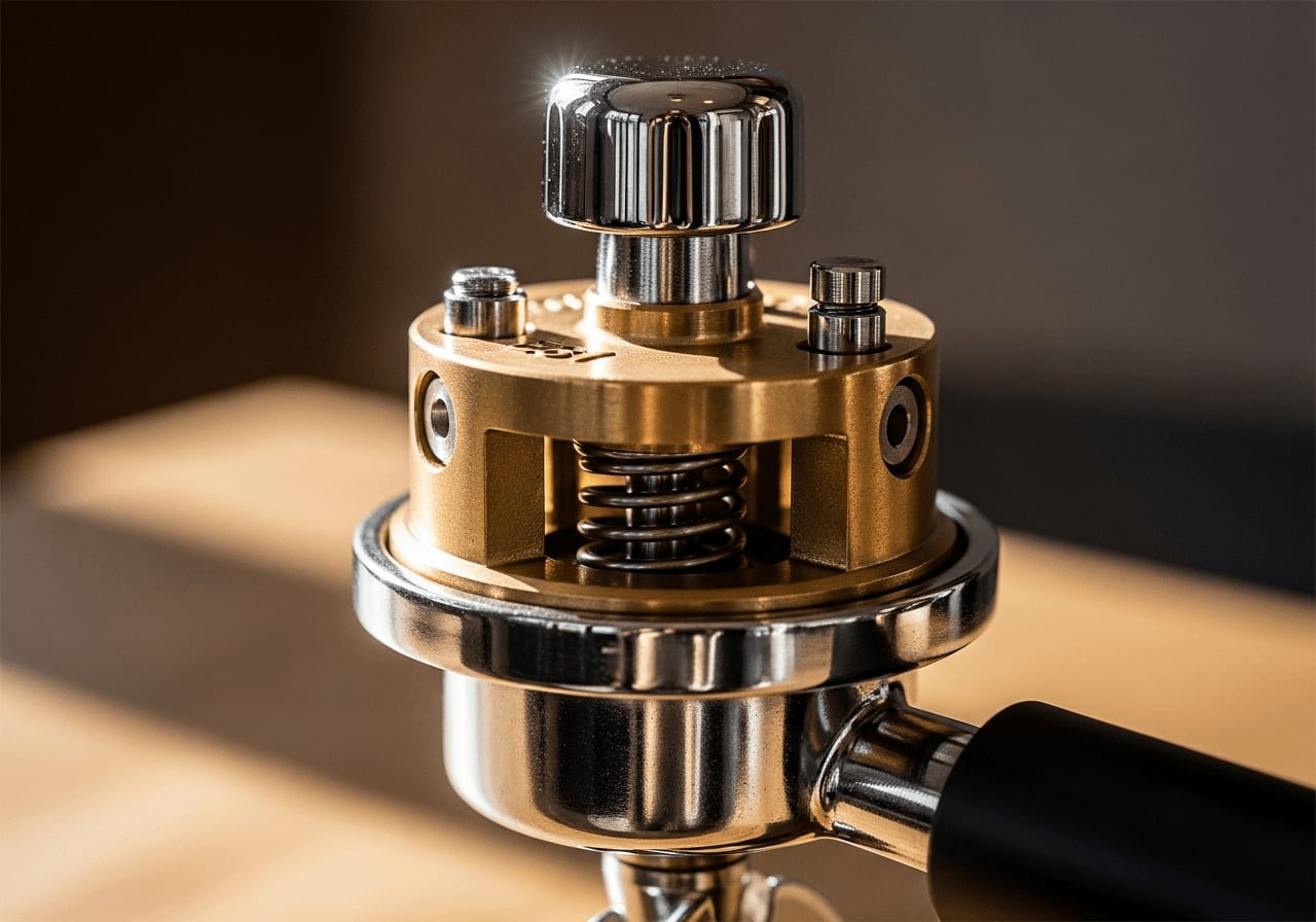 Detailansicht des E61-Brühgruppenmechanismus, der sein kompliziertes Design und seine Komponenten zeigt, weiche Beleuchtung