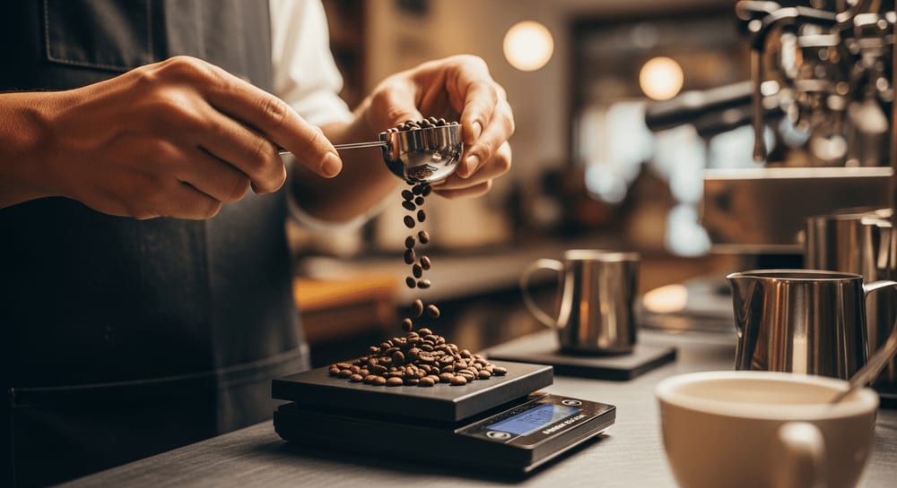 Nahaufnahme eines Barista, der mit einer digitalen Waage Kaffeebohnen vor dem Mahlen für Espresso abwiegt, Café-Umgebung