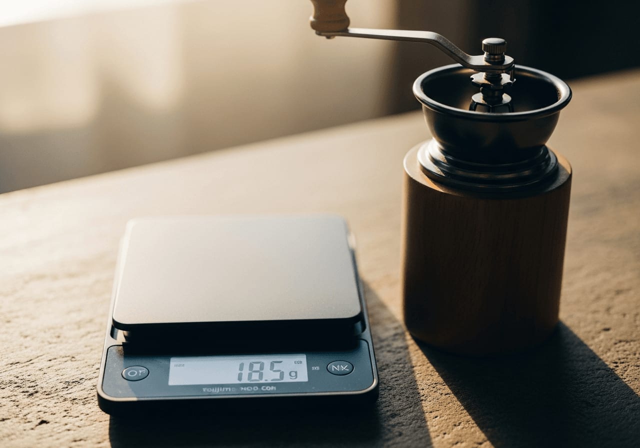 Eine digitale Kaffeewaage, die präzise Messwerte anzeigt, neben einer manuellen Kaffeemühle, Stillleben-Komposition, natürliches Licht
