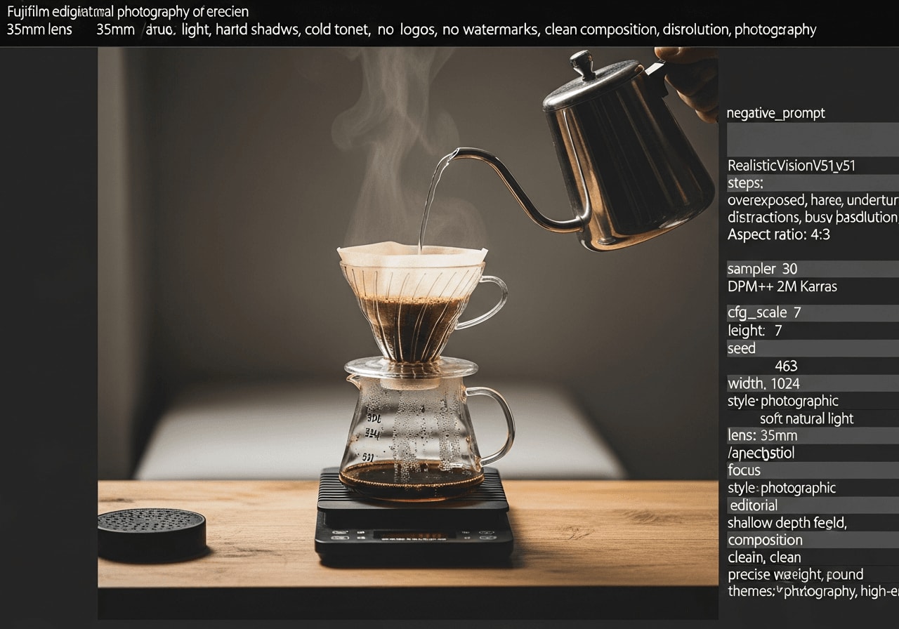 Die digitale Waage zeigt das genaue Gewicht des Wassers an, das in den Pour-Over-Filter getropft wird.