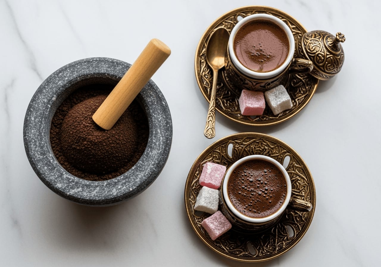 Draufsicht auf türkischen Dibek-Kaffee, gemahlen in einem Steinmörser, serviert in einer traditionellen Tasse mit türkischem Honig