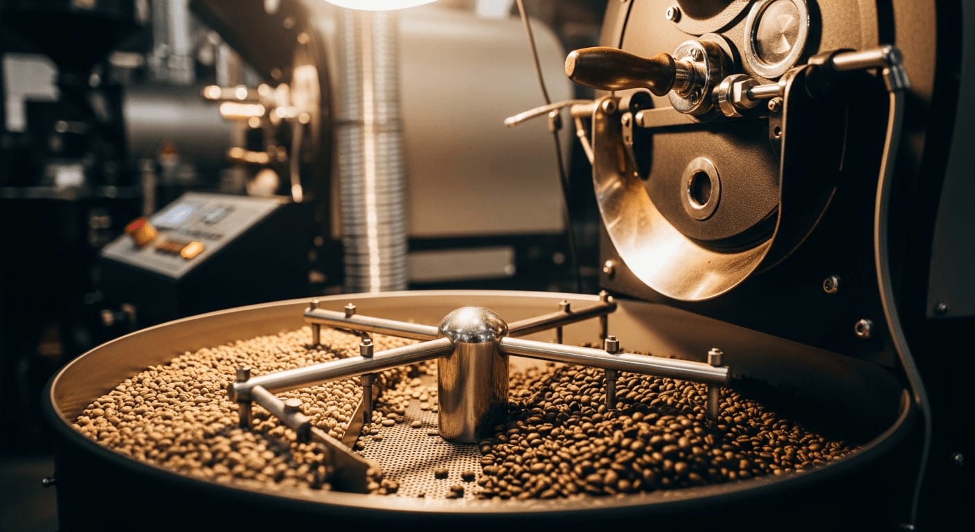 Kaffeeröstmaschine mit Bohnen in verschiedenen Röststadien, warme industrielle Beleuchtung, Weitwinkelaufnahme