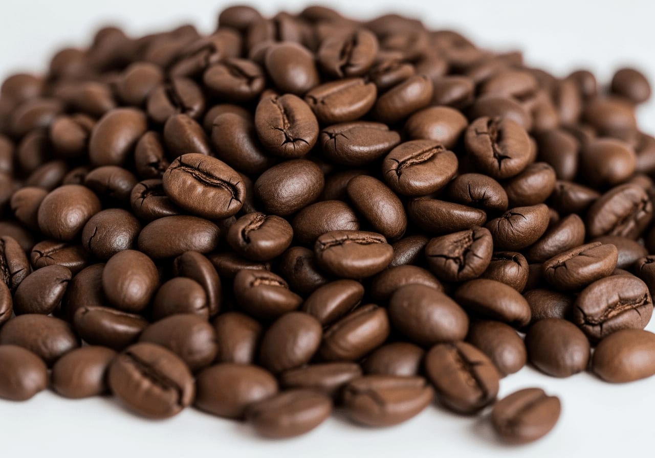 Stapel mittel gerösteter Kaffeebohnen, Studiolicht, Fokus auf Textur