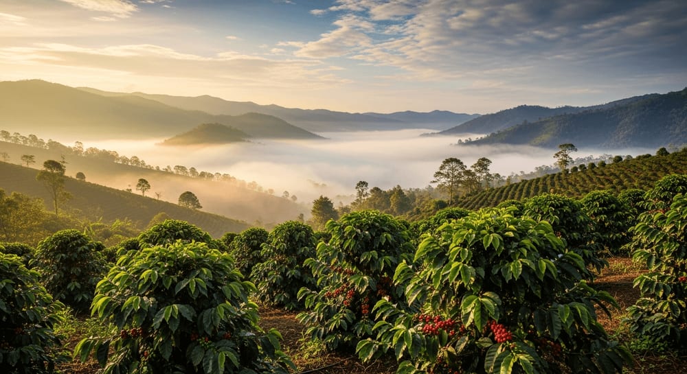 Panoramaaufnahme einer üppigen Kaffeeplantage in den Bergen, mit Nebel in den Tälern und Sonnenlicht auf den Kaffeepflanzen
