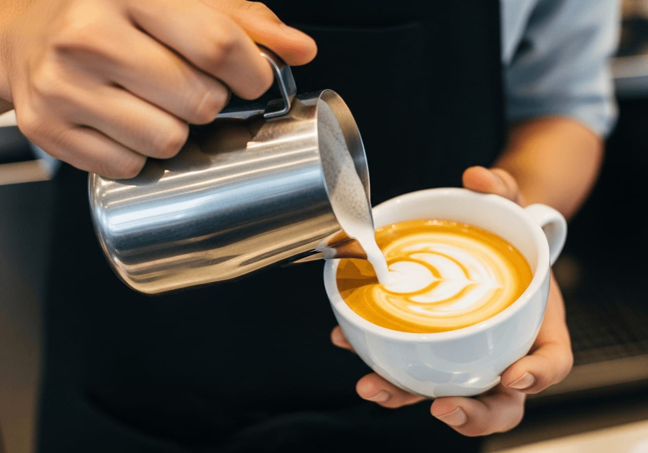 Nahaufnahme der Hände eines Barista, der ein Edelstahl-Milchkännchen hält und vorsichtig Milch in eine Tasse Espresso gießt, um ein Rosetta-Latte-Art-Muster zu erzeugen