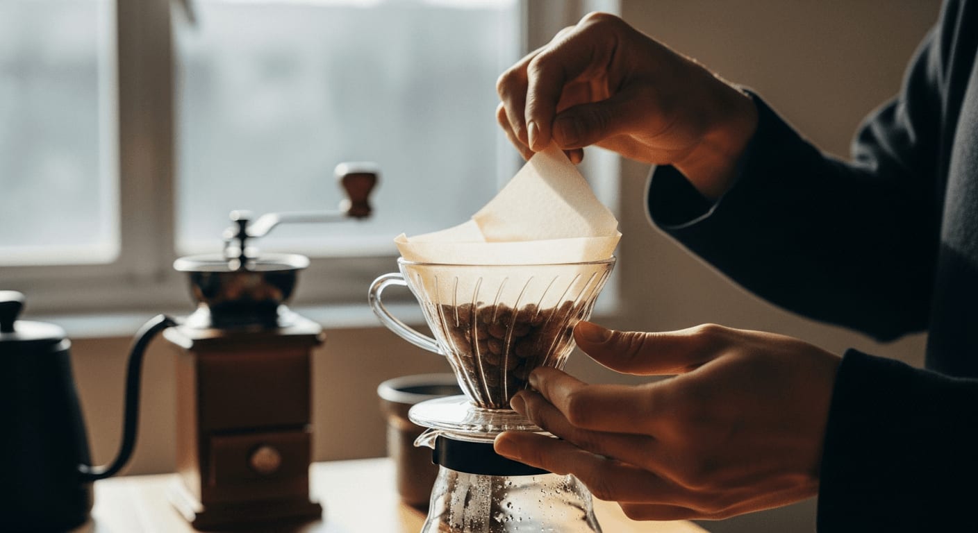 Die Hände einer Person falten sorgfältig einen Papierkaffeefilter in einen Pour-Over-Kaffeebereiter, weicher Fokus auf den Kaffeebohnen und der Mühle im Hintergrund, natürliches Licht von einem nahegelegenen Fenster, warme Farbtöne