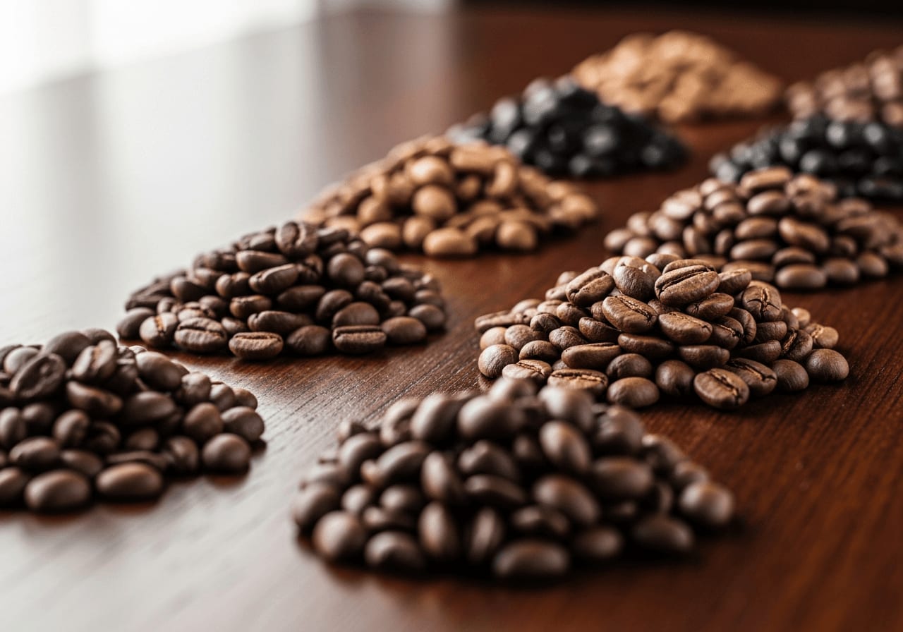 Verschiedene geröstete Kaffeebohnen mit unterschiedlichen Röstgraden und Herkünften, angeordnet in kleinen Haufen auf einer dunklen Holzoberfläche, einladende Darstellung