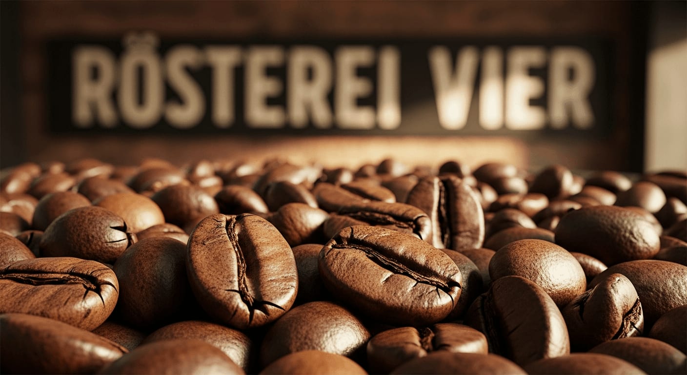 Nahaufnahme von frisch gerösteten Kaffeebohnen, wobei das Rösterei Vier Logo dezent im Hintergrund sichtbar ist, geringe Schärfentiefe, goldenes Stundenlicht