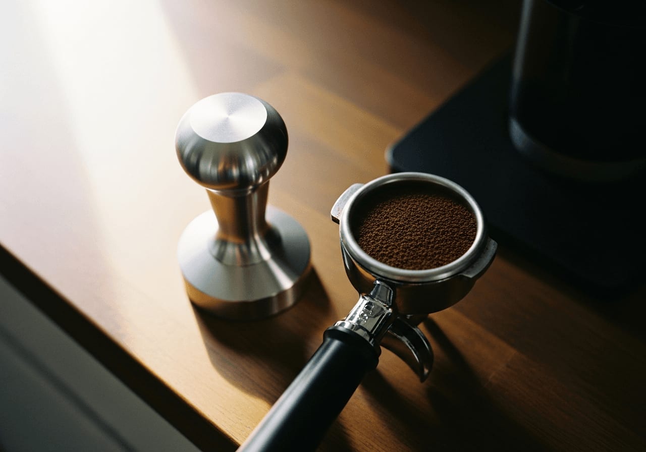 Draufsicht auf einen Edelstahl-Tamper und einen mit Kaffeemehl gefüllten Siebträger auf einer dunklen Holztheke, minimalistische Szene.