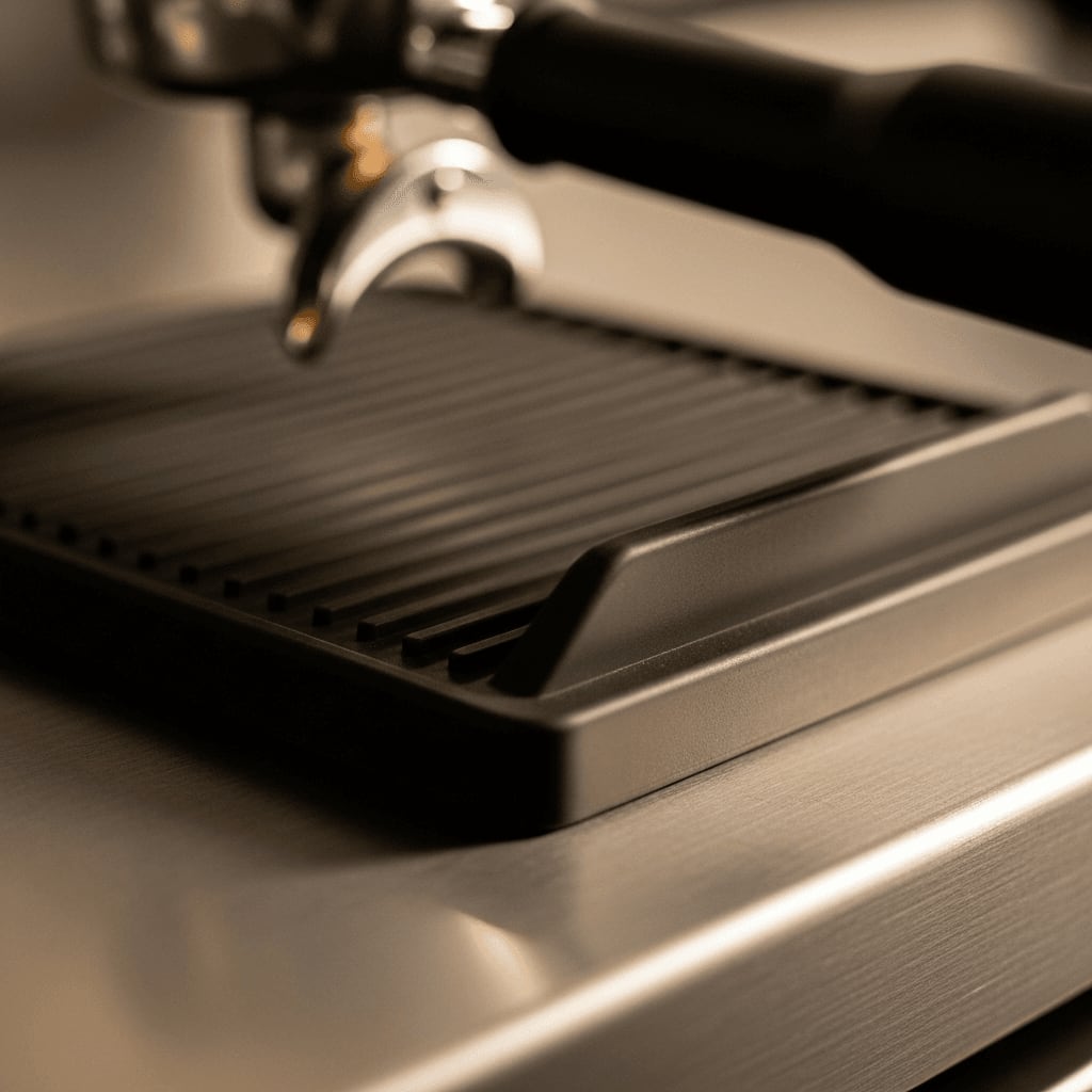 Nahaufnahme einer schwarzen Silikon-Tampermatte mit erhöhtem Rand zur Aufnahme eines Siebträgers auf einer Edelstahltheke.