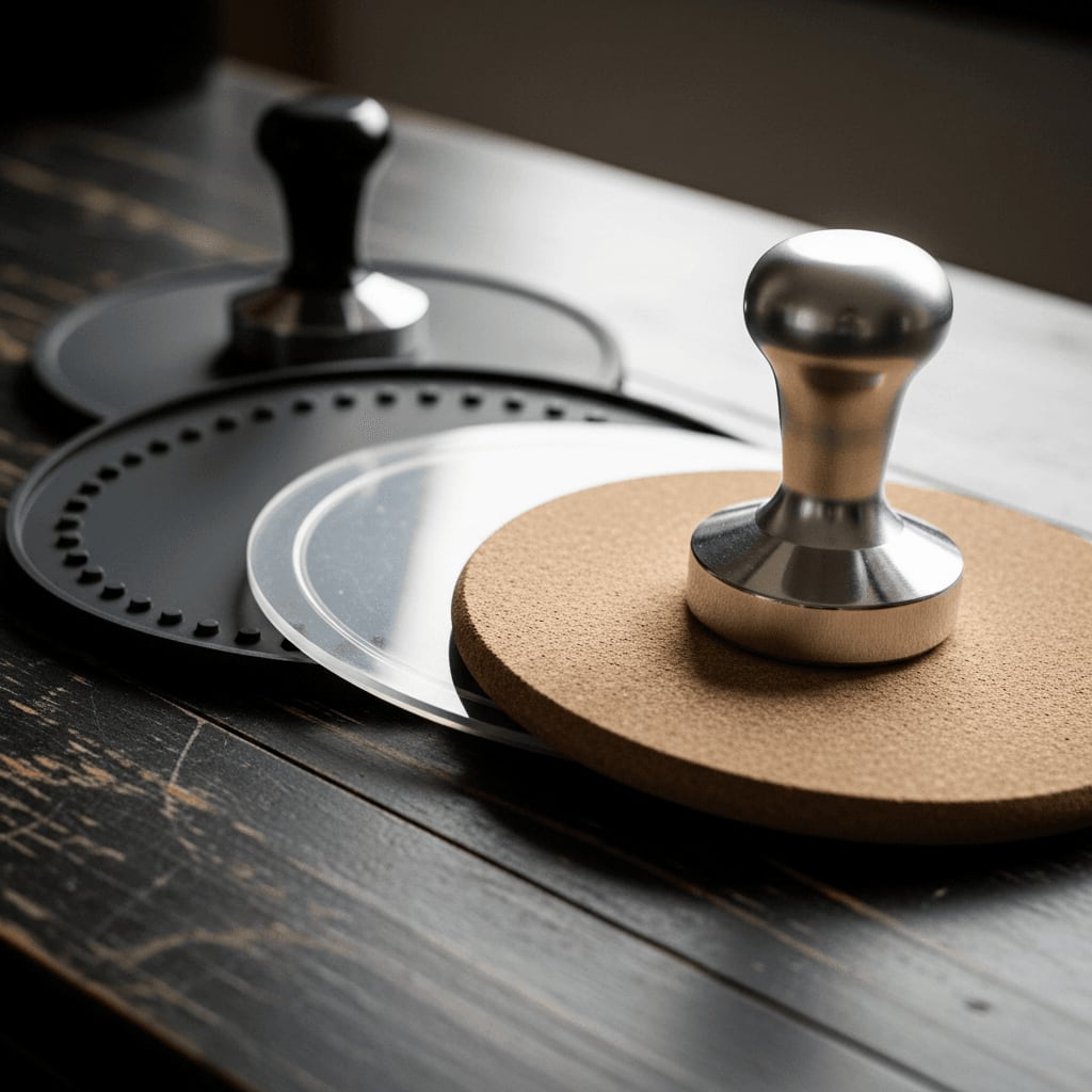 Eine Auswahl verschiedener Tampermatten: Gummi, Silikon und Kork, angeordnet auf einer dunklen Holzoberfläche.