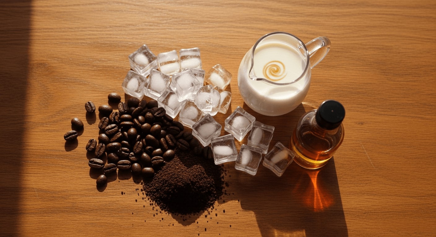 Draufsicht auf Eiskaffee-Zutaten auf einem Holztisch, darunter Kaffeebohnen, Eiswürfel, Milch und Sirup, warme Farbpalette